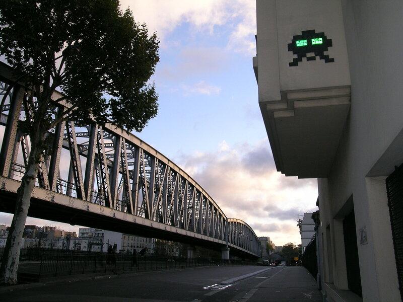 Bridge and pixel art at dusk