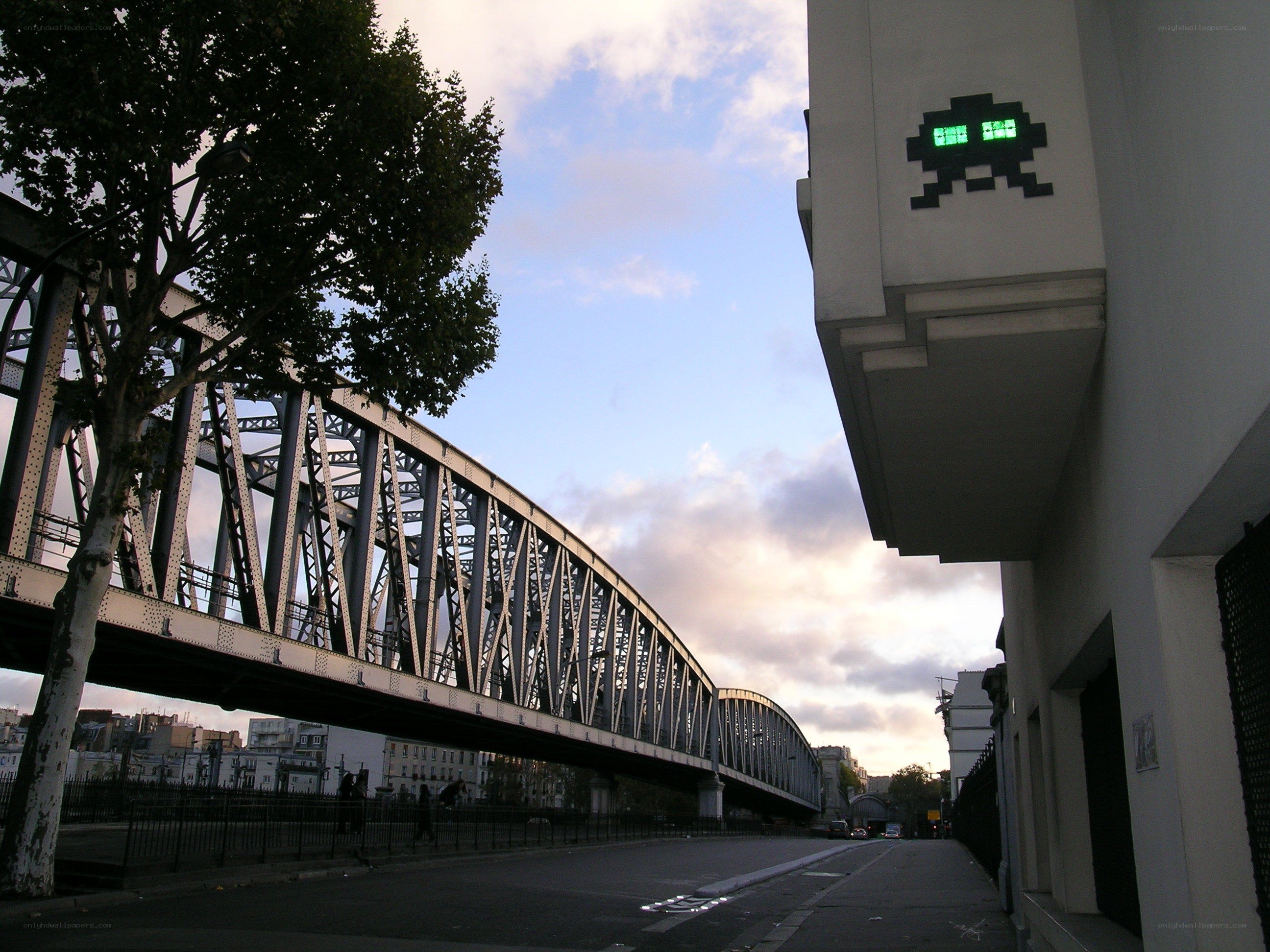 Bridge and pixel art at dusk