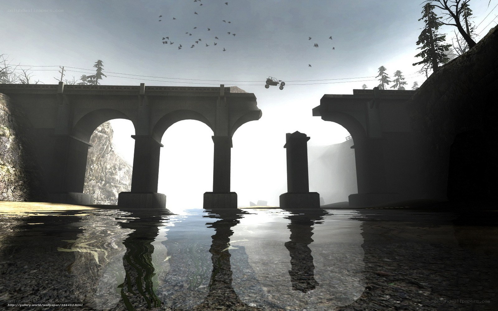 Bridge and vehicle in mist