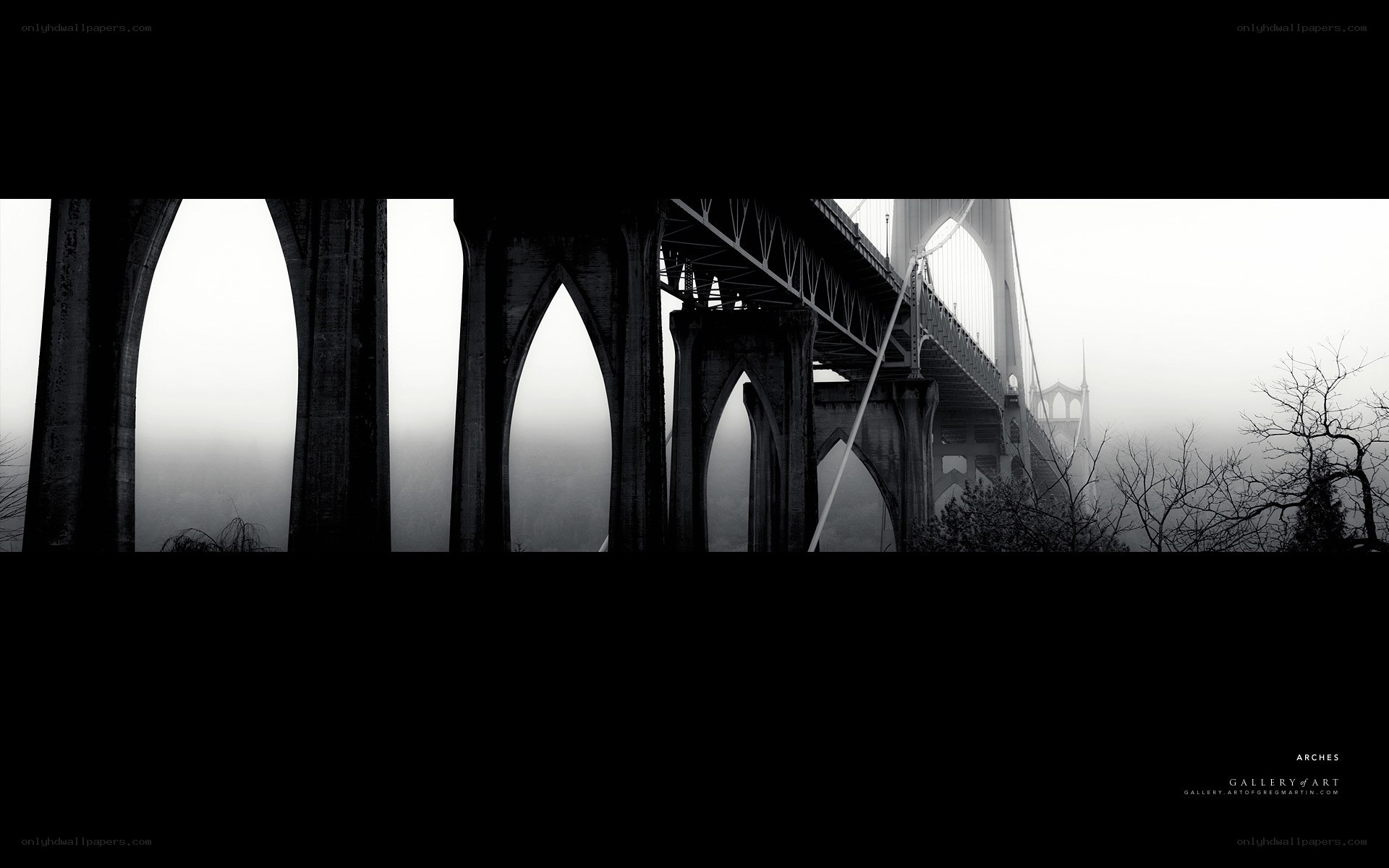 Bridge arches in fog