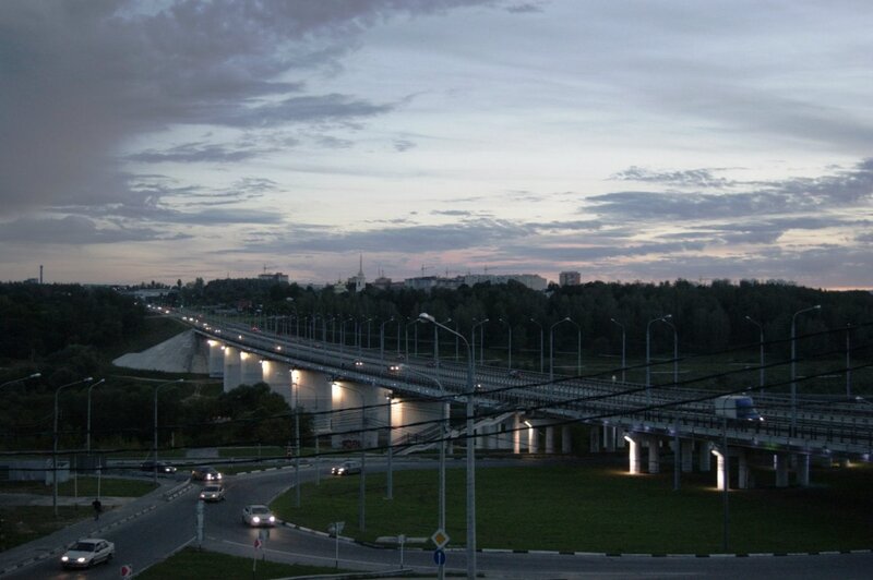 Bridge at dusk in a city