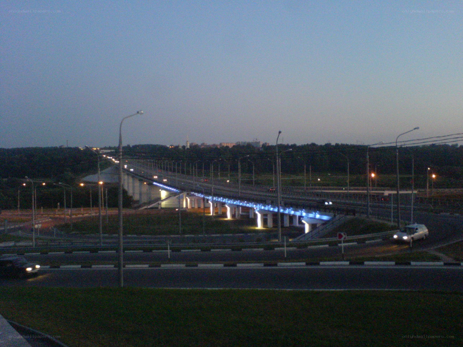 Bridge at dusk with blue lights