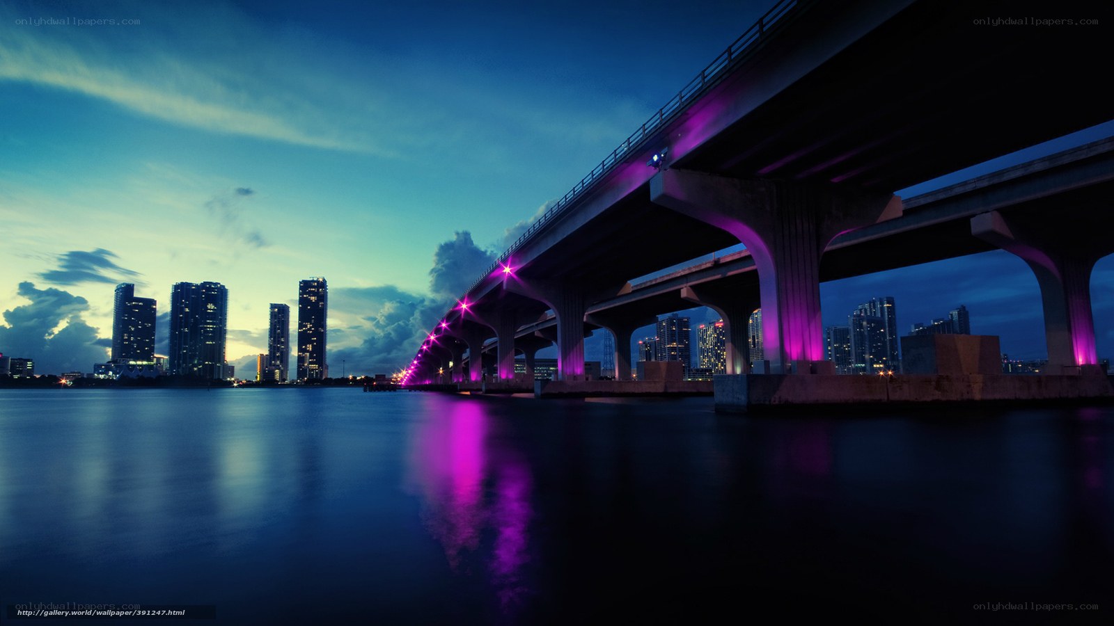 Bridge at dusk with city skyline