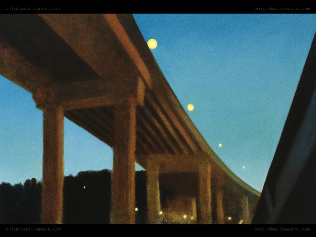 Bridge at dusk with glowing orbs