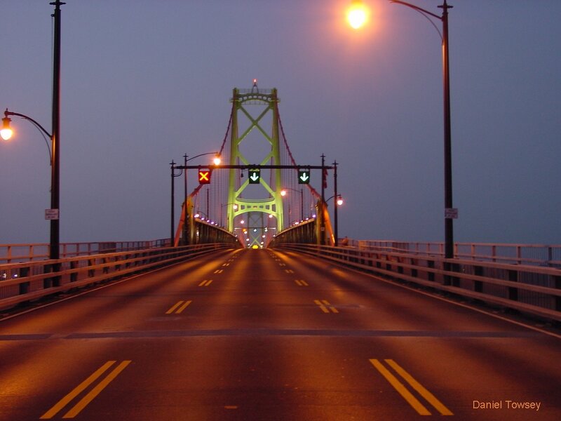 Bridge at dusk with traffic lights