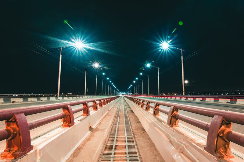 Bridge at Night — Black, Dramatic, Photograph, Streetlights