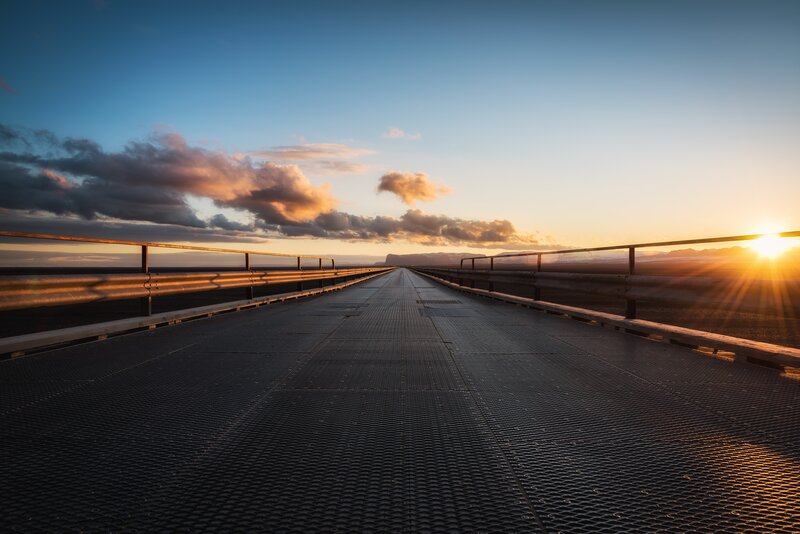 Bridge at Sunset — Blue, Serene, Photograph, Sun