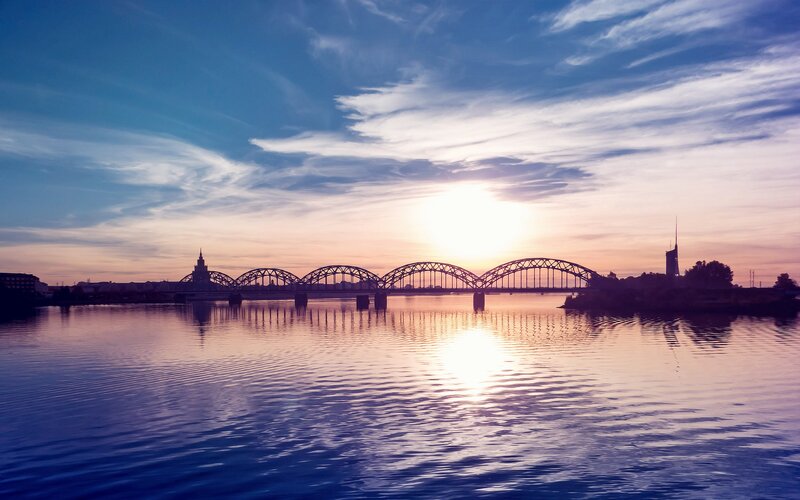 Bridge at Sunset — Blue, Serene