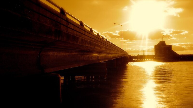 Bridge at Sunset — Gold, Dramatic, Photograph, Sun, Building