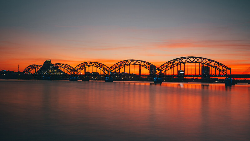 Bridge at Sunset — Orange, Dramatic, Photograph, River