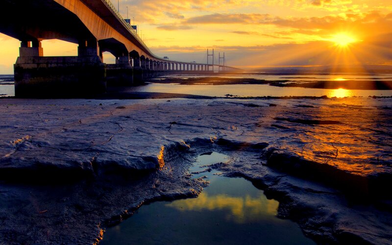 Bridge at Sunset — Orange, Dramatic, Photograph