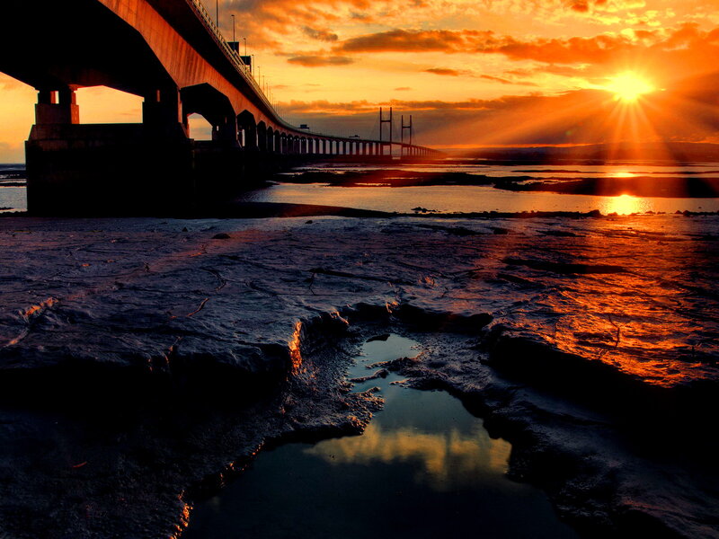 Bridge at Sunset — Orange, Dramatic