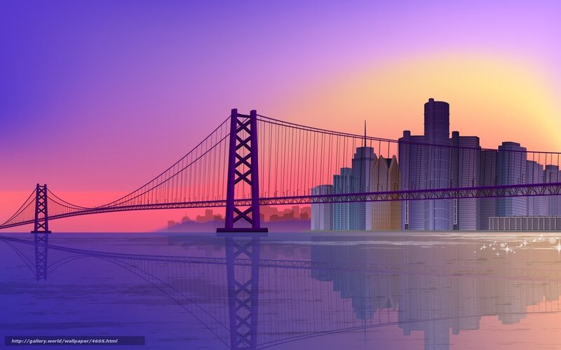 Bridge at sunset with city skyline