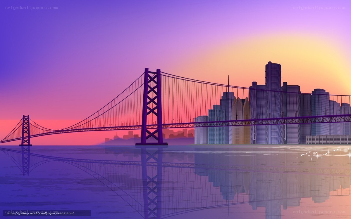 Bridge at sunset with city skyline