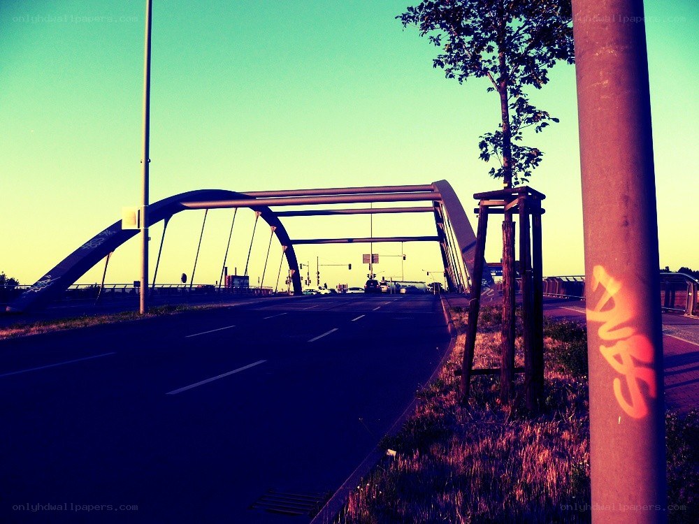 Bridge at sunset with graffiti