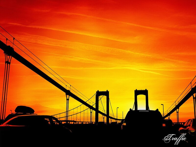 Bridge at sunset with traffic