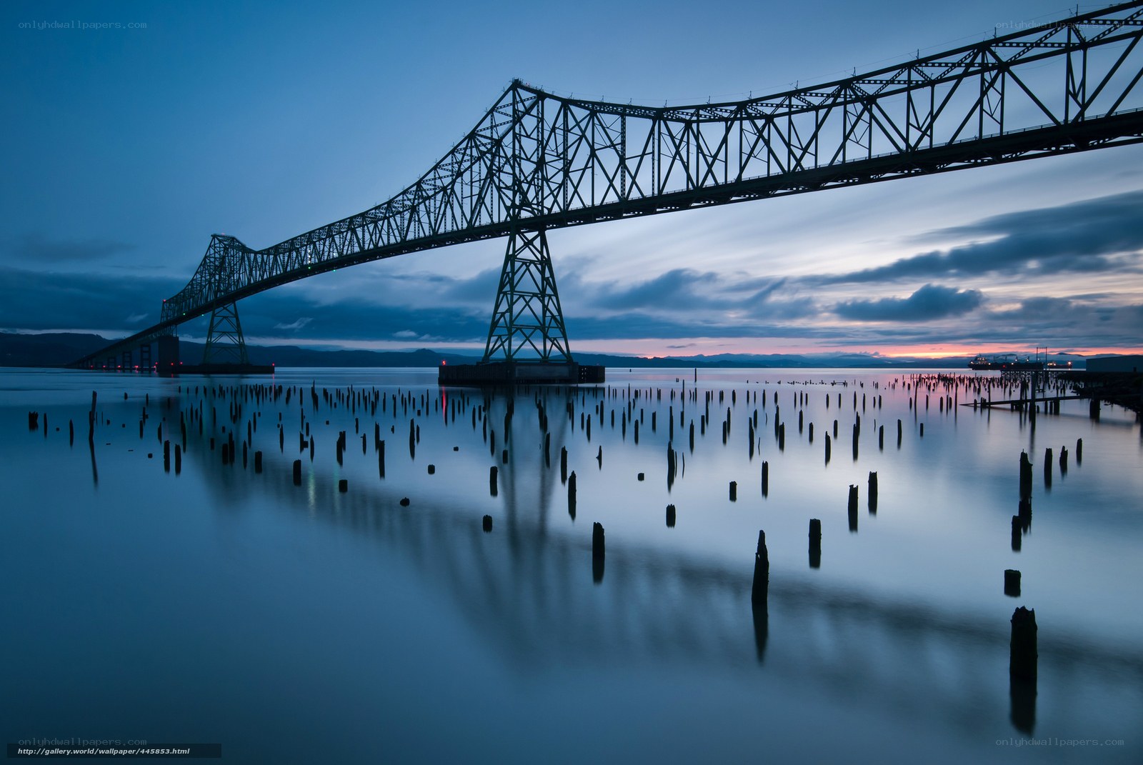 Bridge at twilight with pilings