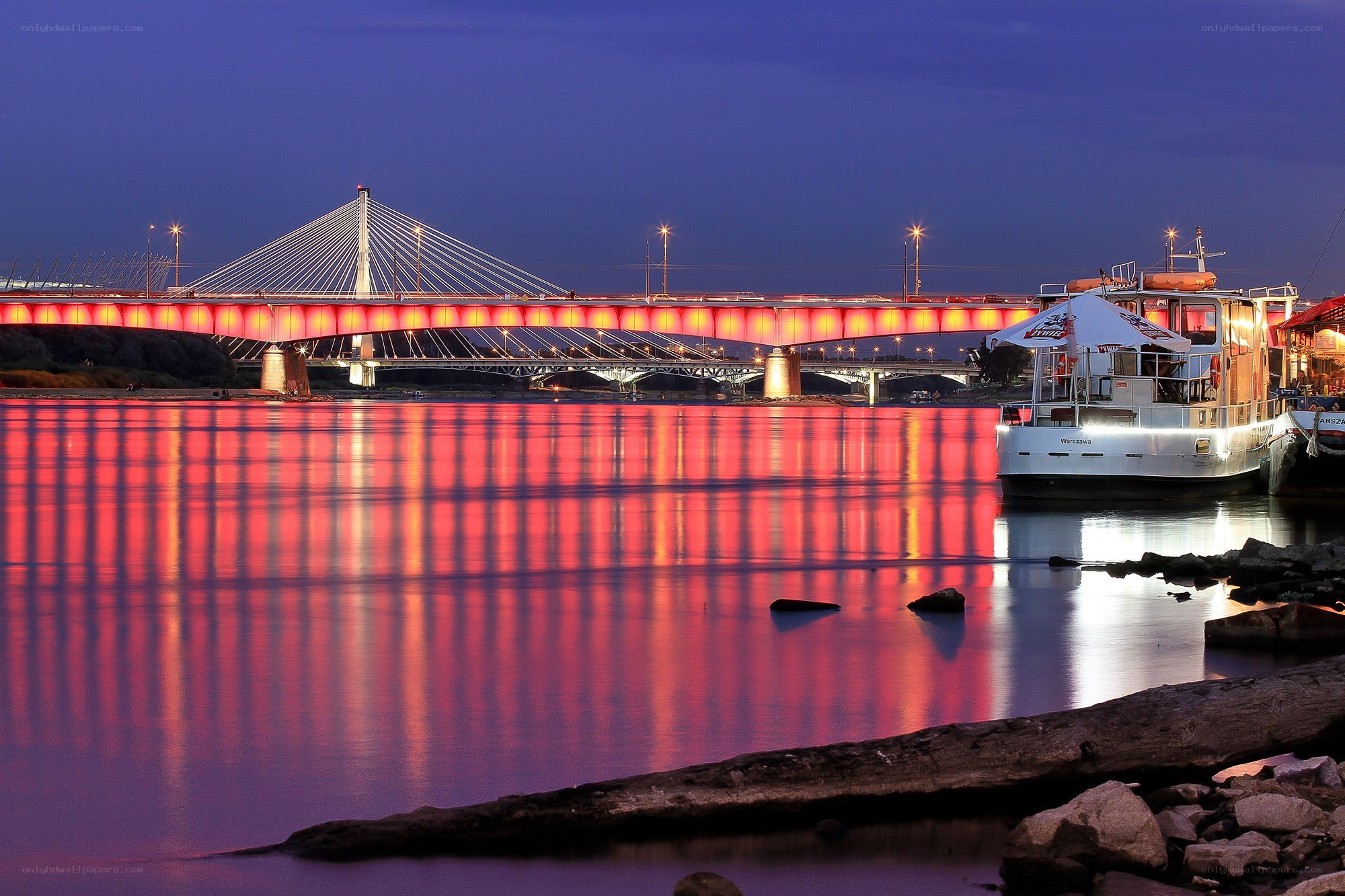 Bridge illuminated at dusk