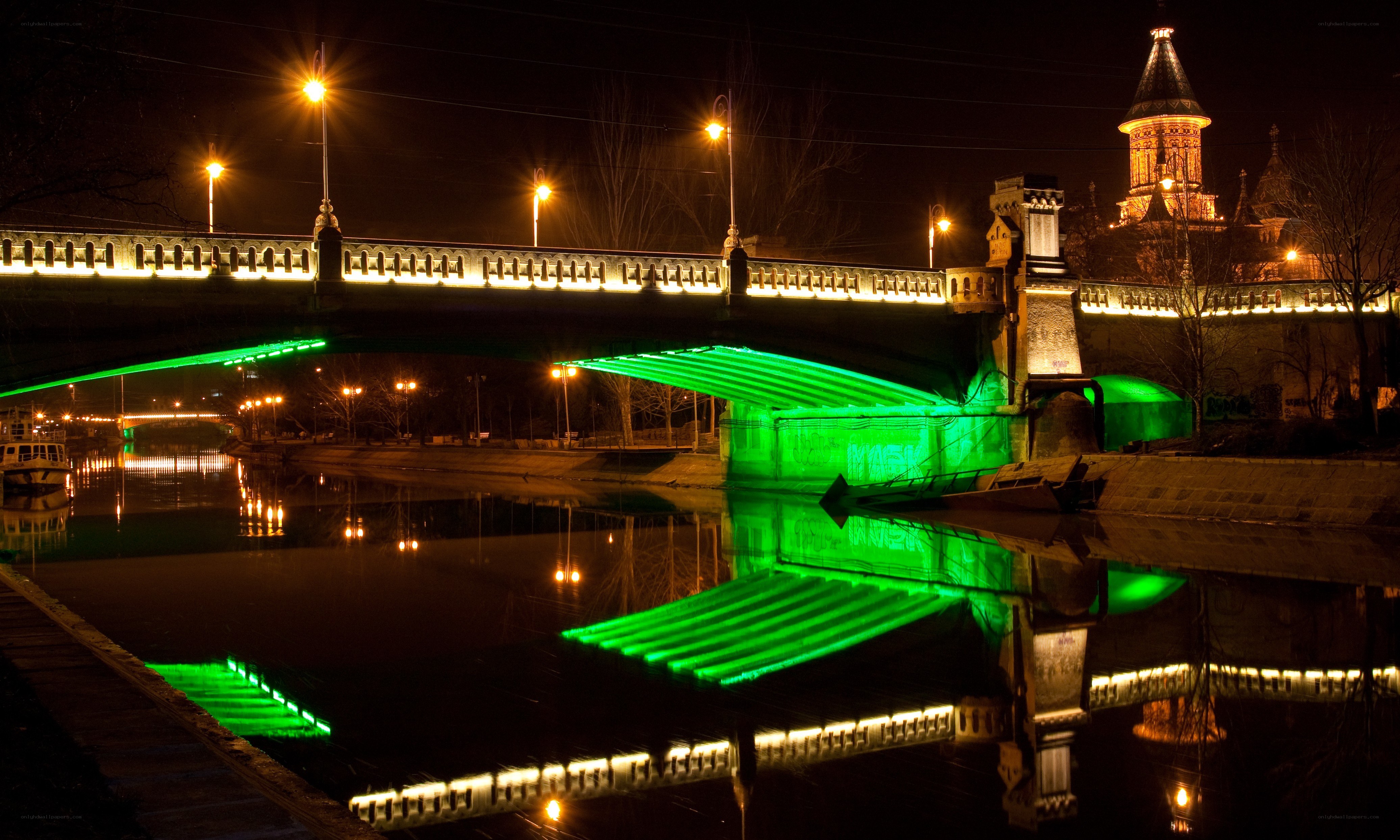 Bridge illuminated with green light