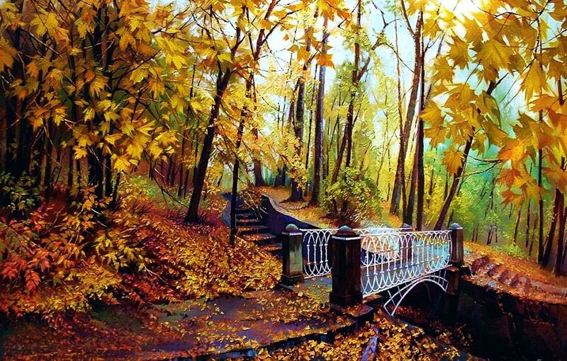 Bridge in Autumn Forest — Yellow