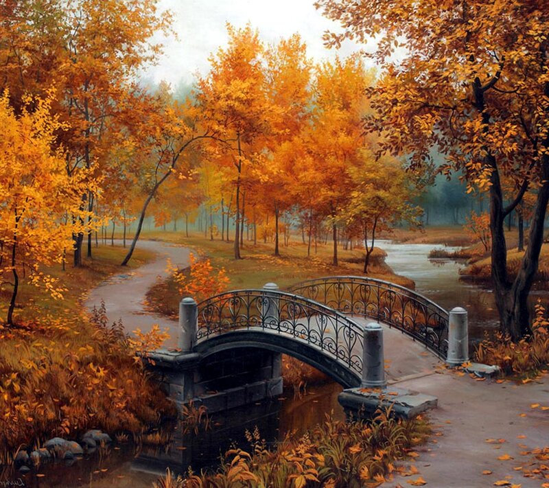 Bridge in Autumn Park — Orange, Serene