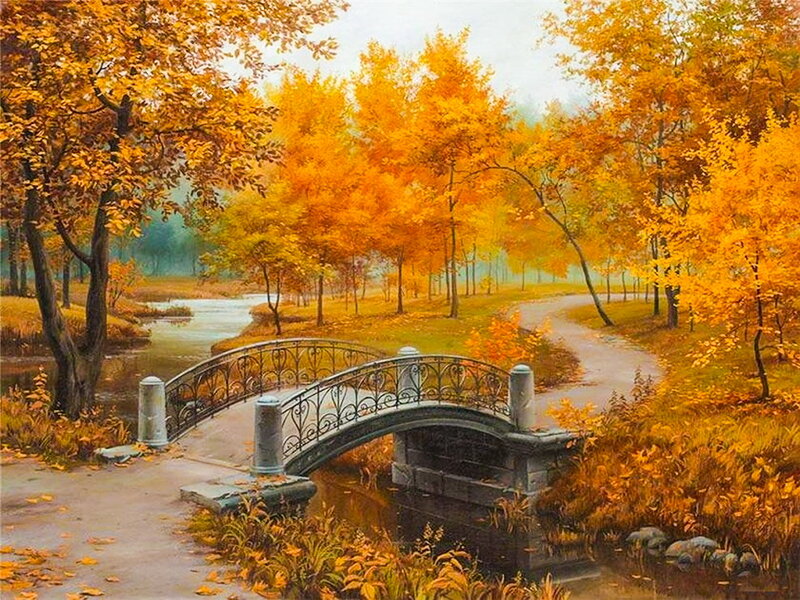 Bridge in Autumn Park — Yellow, Serene