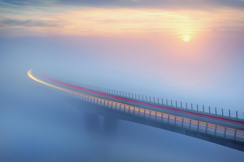 Bridge in Fog at Sunrise