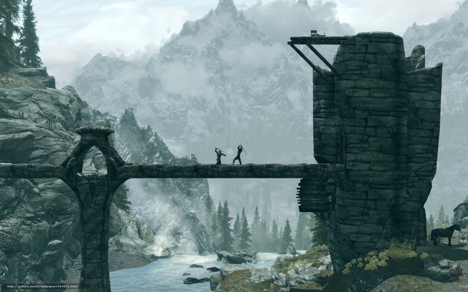 Bridge in snowy mountains