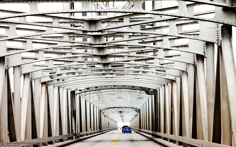 Bridge interior with steel trusses