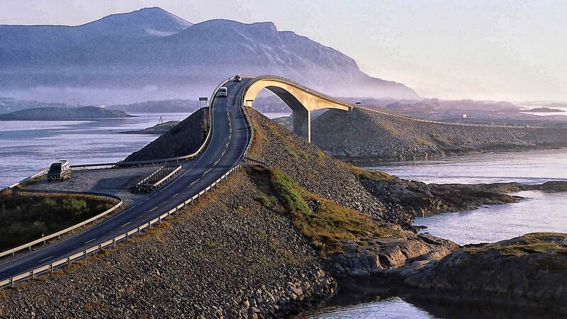 Bridge over a fjord at sunrise