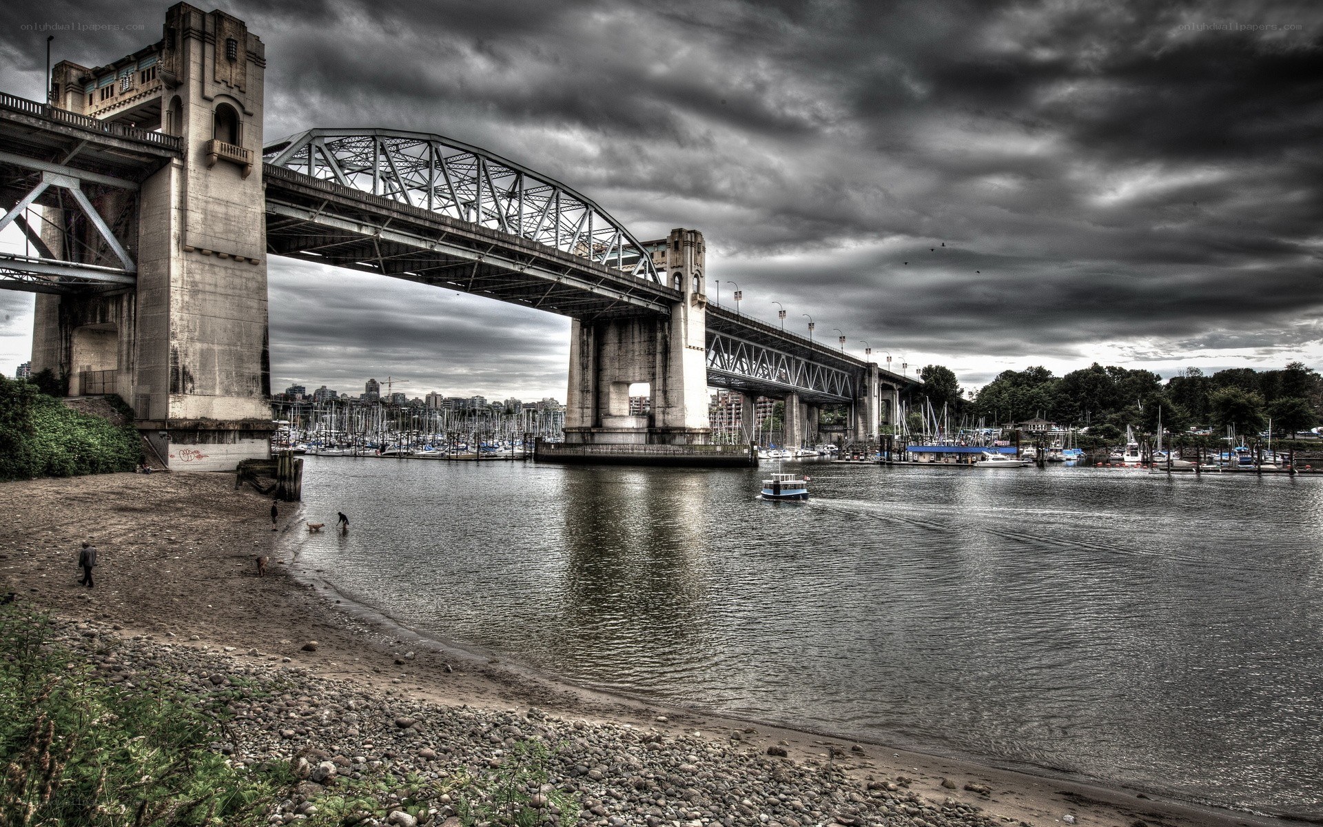 Bridge over a harbor on a cloudy day
