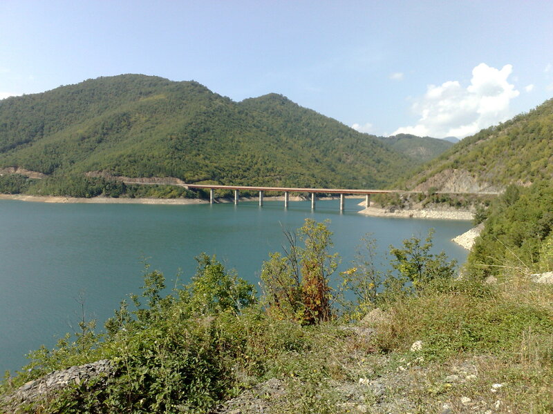 Bridge over a reservoir in the mountains