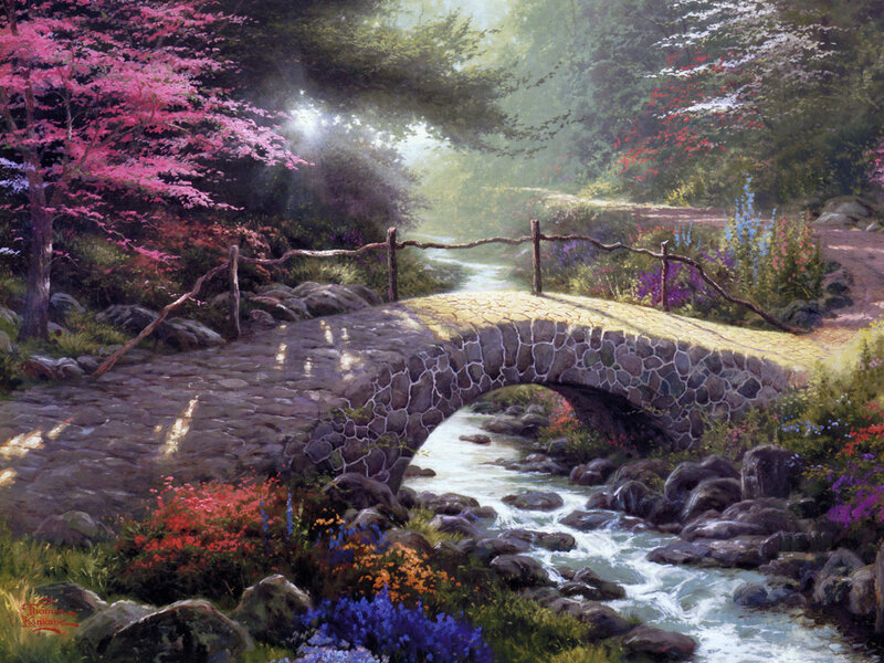 Bridge over a stream in spring