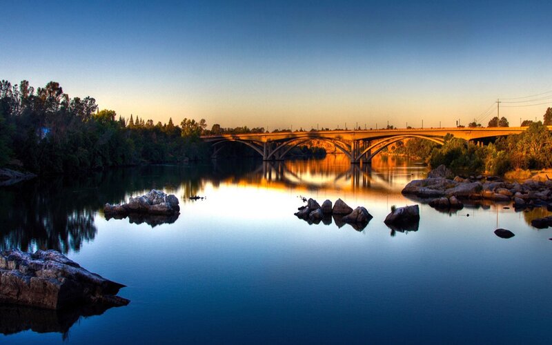 Bridge over Calm River — Blue, Serene