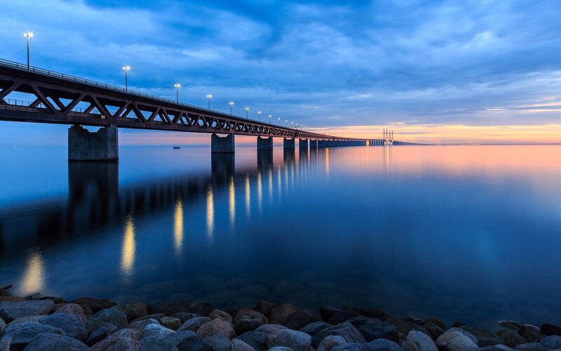 Bridge over Calm Water — Blue, Serene, Sunset
