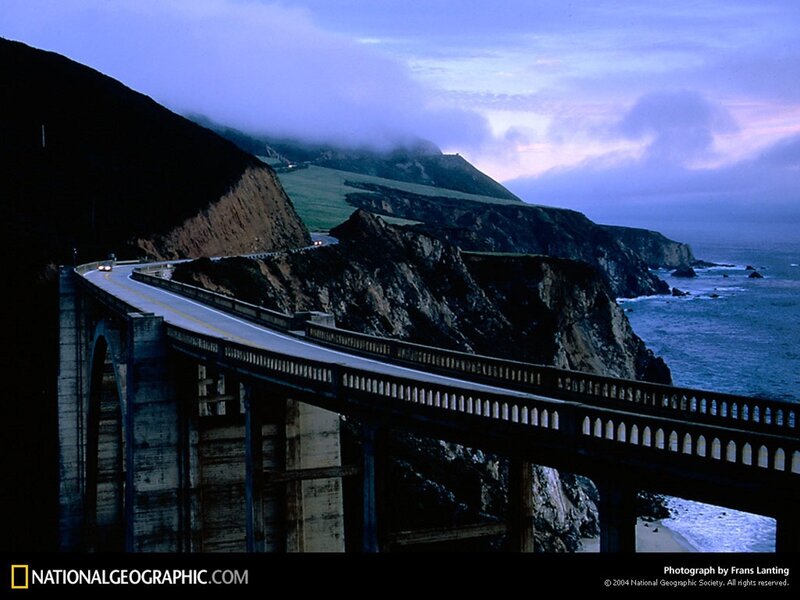 Bridge over coastal cliffs at dusk