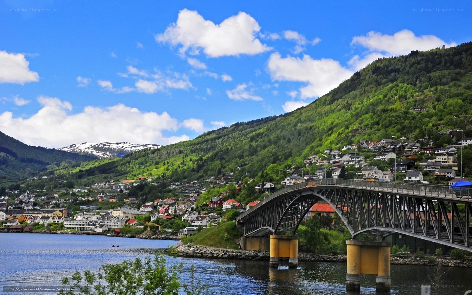 Bridge over fjord with town
