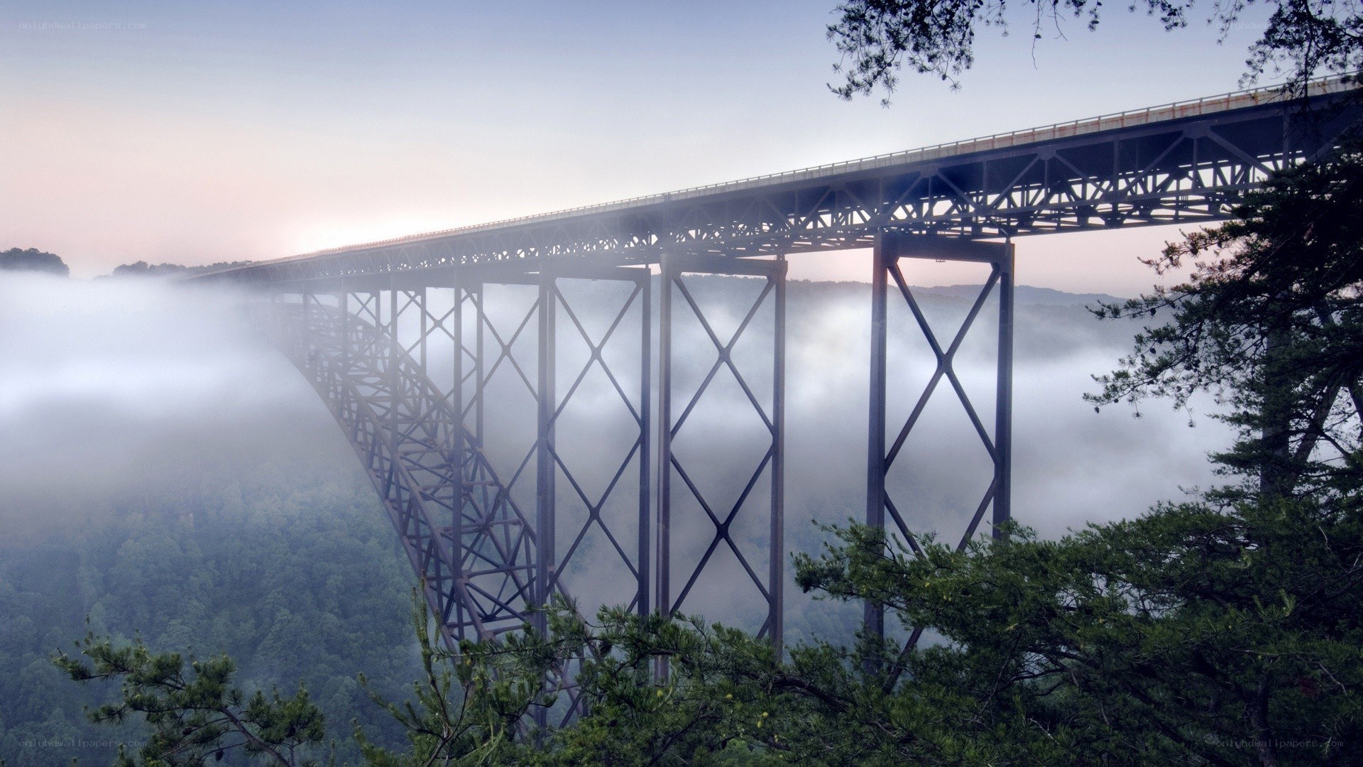 Bridge over foggy valley