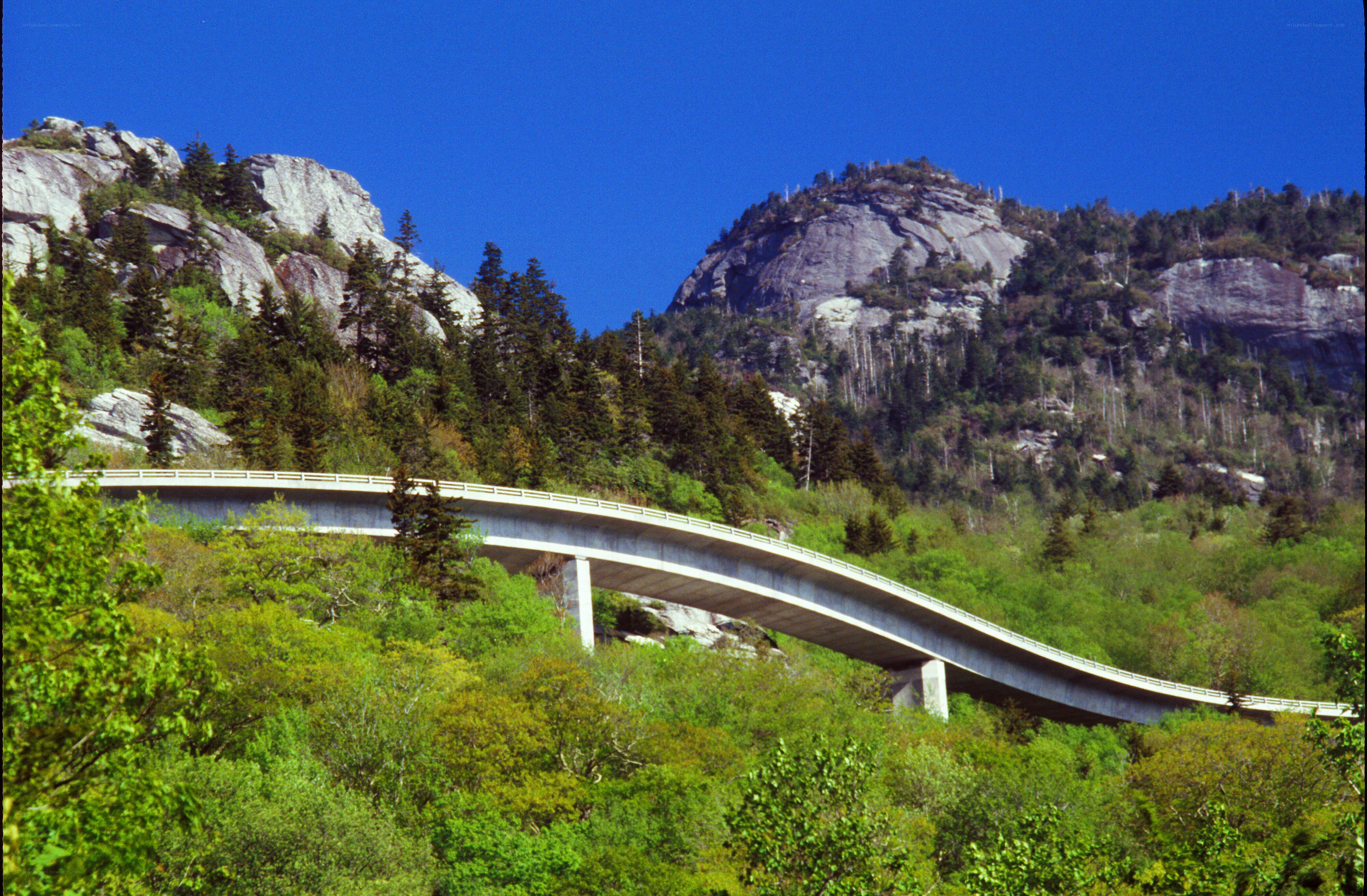 Bridge over forested mountains