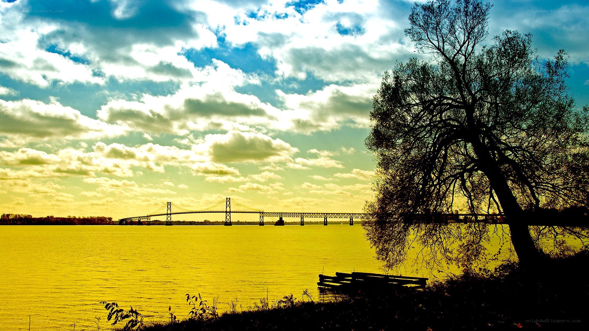 Bridge over golden river at sunset