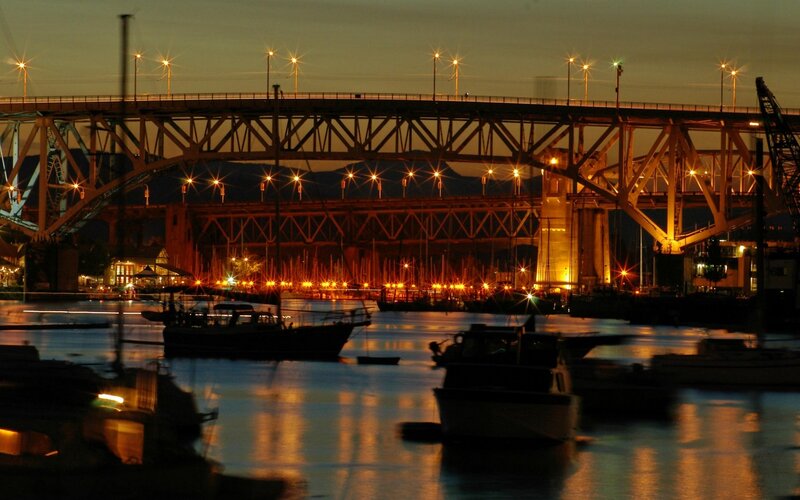 Bridge over Harbor at Night — Orange, Calm