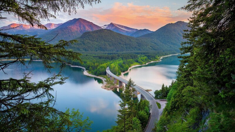 Bridge over Lake at Sunset