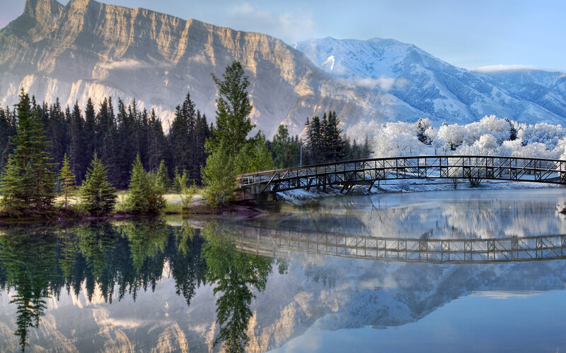 Bridge over Lake with Mountains
