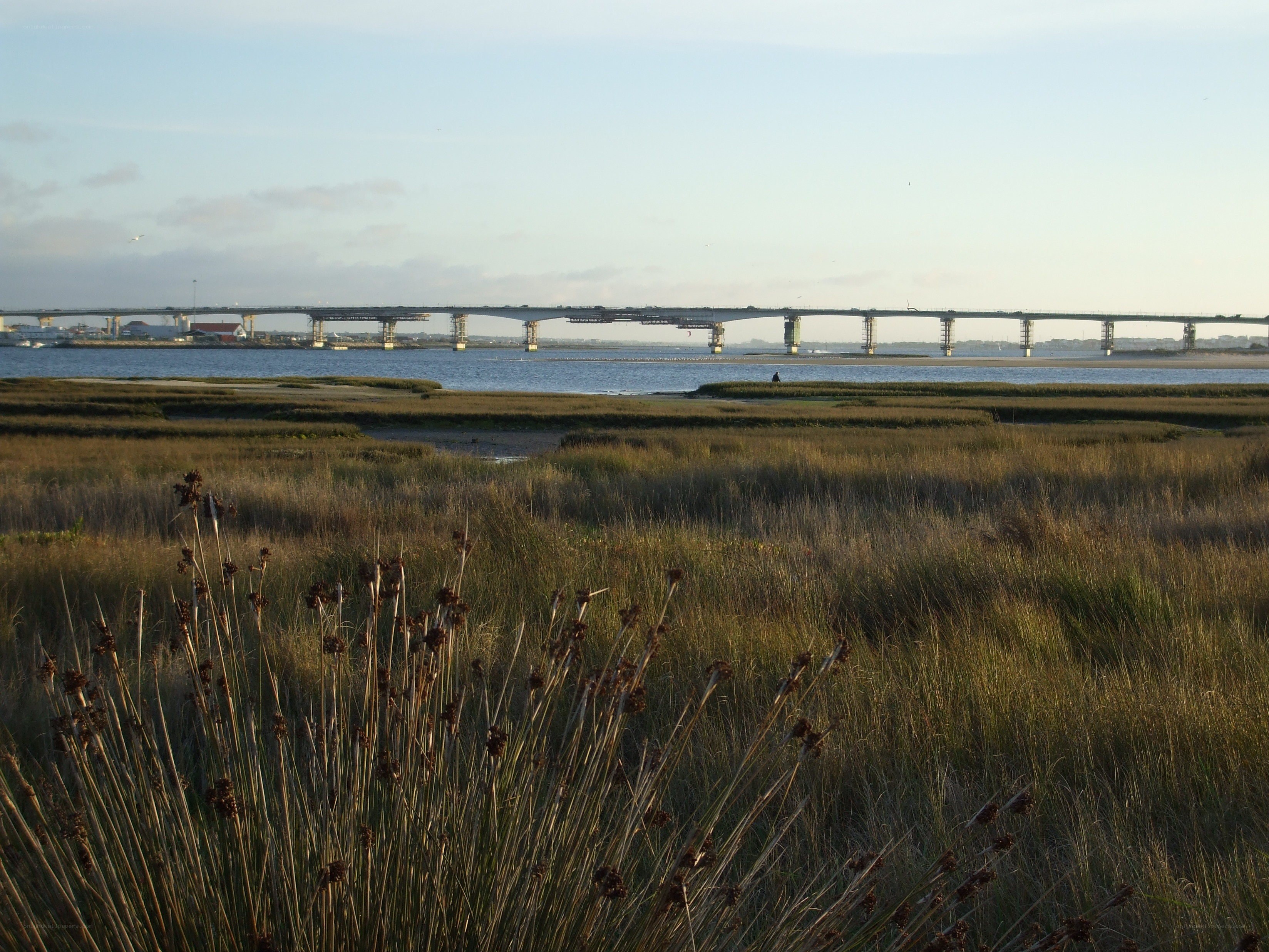 Bridge over marshland at dusk