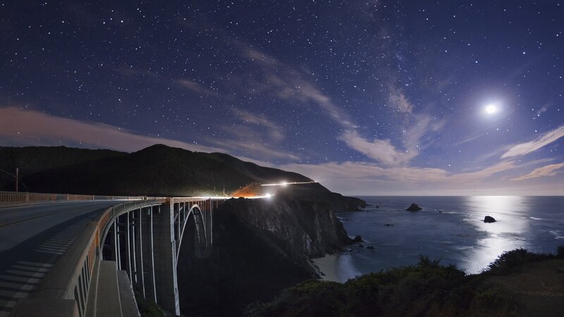 Bridge over Ocean at Night — Blue, Serene