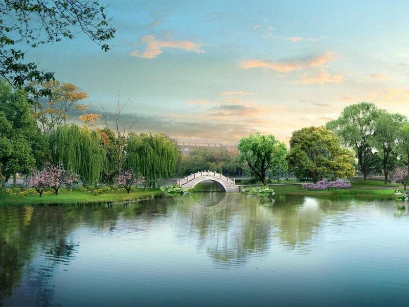 Bridge over Pond in Park — Green, Serene