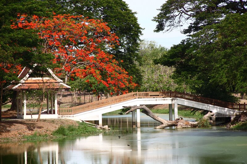 Bridge over Pond with Pavilion
