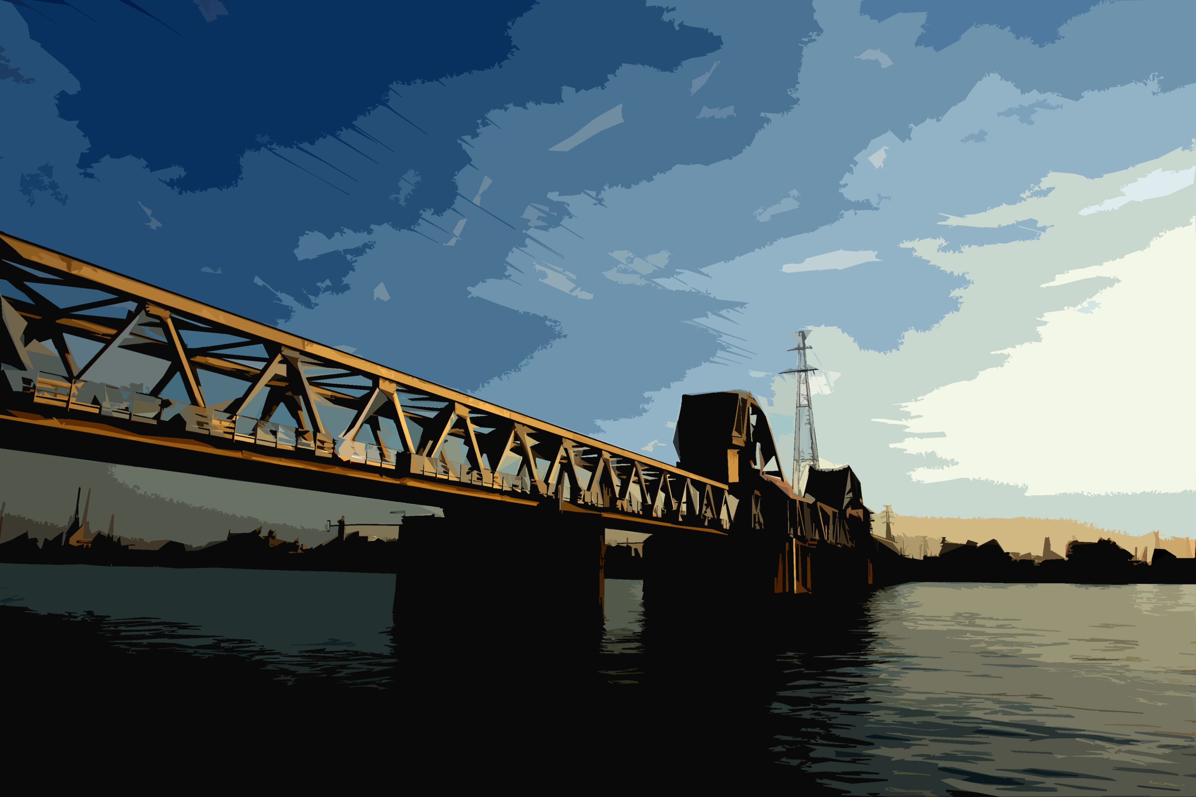 Bridge over river at dusk