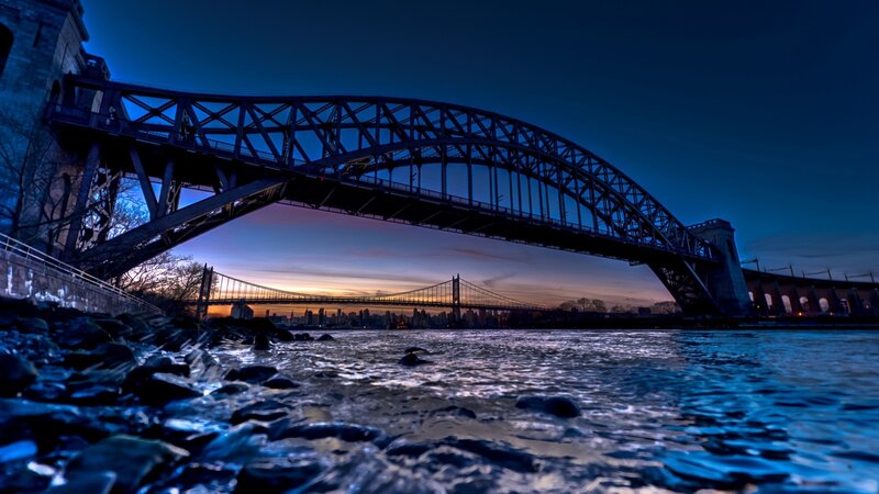 Bridge over River at Dusk — Blue, Dramatic