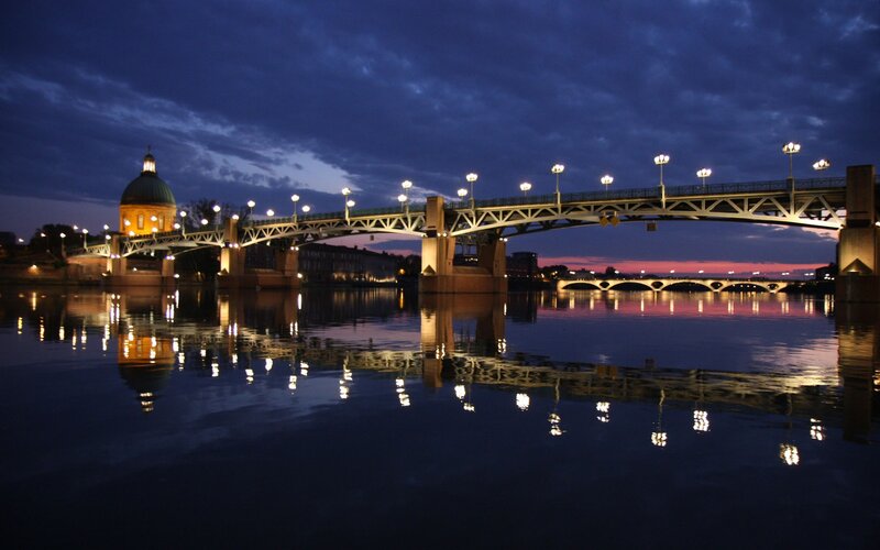Bridge over River at Dusk — Blue, Serene, Night, Photograph, Dome Building
